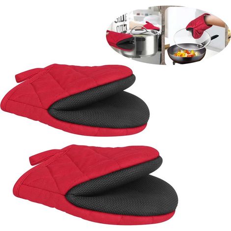 confezione da 2 - Guanti da forno corti - Riutilizzabili - Guanti resistenti al calore fino a 500 gradi - Con superficie antiscivolo - Per pentole calde - Pentole - Utensili da forno - Rossi (1/5)