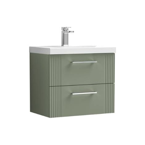 Nuie Deco Satin Green 600mm Wall Hung 2 Drawer Vanity Unit and Curved Ceramic Basin - DPF893G (1/5)