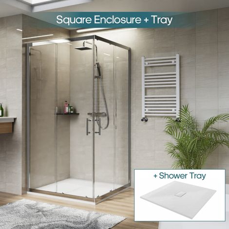 NRG Square Corner Entry Shower Enclosure with Sliding Doors Bathroom Cubicle 1000 x 1000mm & White Shower Tray (1/5)