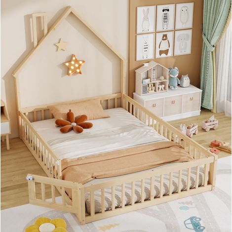 Cama 140x200 cm de pino natural, cama casita con forma de chimenea y somier de láminas