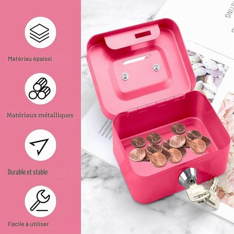 Small Cash Box, Cash Box, 11.5 x 8.5 x 5.8 cm, Steel Money Box with Coin Slot, Safe, with Key Lock (Pink) (1/4)
