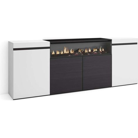 Aparador Benamocarra-01 de 200x75x35 cm con 4 puertas, chimenea y luces LED, color blanco y negro (1/4)