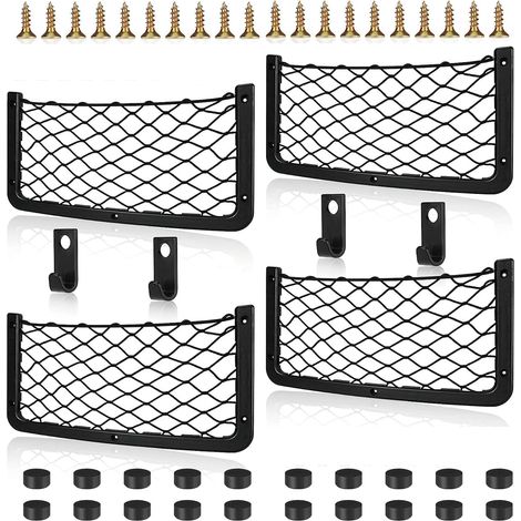 4 pièces Filet Rangement Voiture, Nylon PP, 36x18cm, avec Crochet et Vis, pour Coffre, Porte, Camping-Car, Bateau