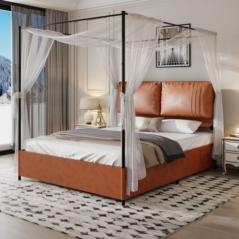 Lit Double Luxueux 140x200 marron, 4 surmatelas cuir double usage, 2 coussins cuir souple, bordure métallique, sans sommie (sans Matelas) (1/5)