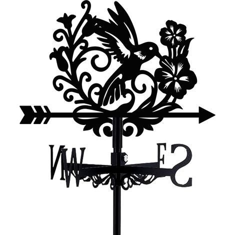 Girouette en forme d'oiseau - Colibri noir - Métal - Avec fleurs - Convient aux toitures végétalisées - Panneau indicateur - Moulin à vent décoratif d'extérieur avec support (1/5)