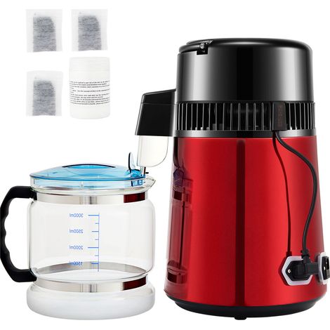 Distillerie d'eau 4 L, 1 L/h, 750 W, avec minuterie réglable de 0 à 99 h, affichage de la température, en acier inoxydable 304, carafe en verre, poudre de nettoyage et 3 sachets de charbon actif inclu (1/5)