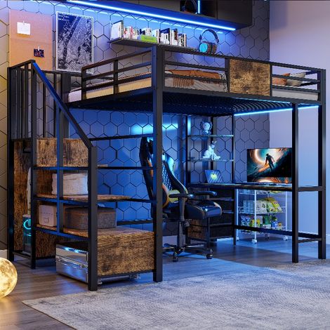 Hochbett 140x200 mit Schreibtisch und Stauraum, Metall Etagenbett mit LED-Beleuchtung, Steckdose und Kleiderstange, 252x145x175 cm, Schwarz/Weiß (1/5)