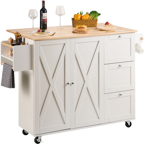 VEVOR Carro de Cocina con Tapa de Madera Maciza, 115 cm Carro Móvil con Armario de Almacenamiento sobre Ruedas, Mesa de Cocina Rodante con Estante de Especias, Toallero, Hoja Abatible y Cajón, Blanco
