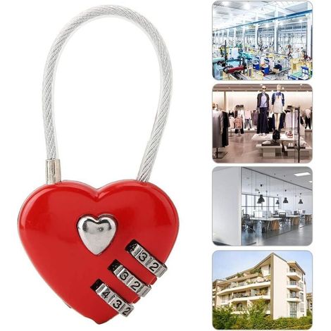 (Rotes) Mini-Herz-Vorhängeschloss mit 3-stelliger Zahlenkombination und Liebesdraht für Reisetaschen, Koffer und Gepäck (1/5)