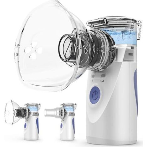 Nebulizador de membrana ultrasónico portátil: ultrasilencioso ( 25 dB), niebla ajustable de 1 a 5 µm, alimentación dual (red eléctrica/batería), 3 mascarillas incluidas.