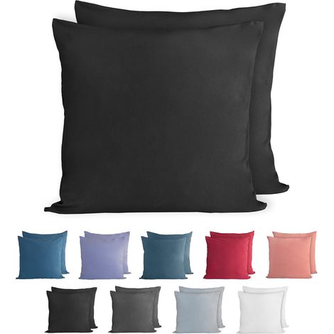 100% Coton Jersey Taie d'oreiller - Lot de 2 - 50x50 cm, Oreiller 150 g/m², Housse de Coussin, Noir (1/5)