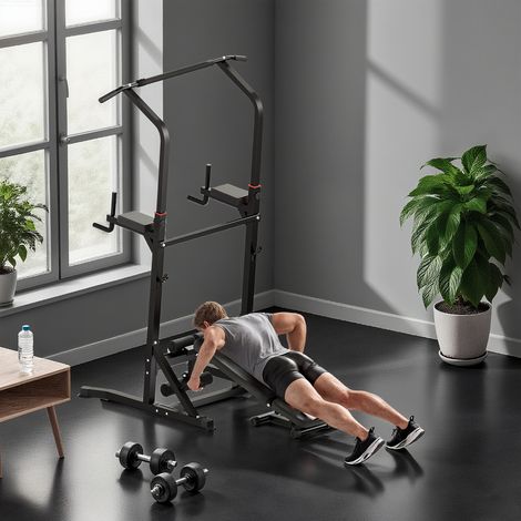 HOMCOM Estación de Musculación Torre de Entrenamiento Altura Ajustable con Barra de Dominadas y Banco Plegable para Fitness en Casa Gimnasio Carga 150 kg 99x178x230 cm Negro (1/5)