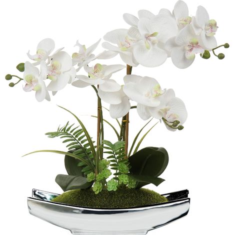 Orchidées artificielles de 38,1 cm, orchidée phalaenopsis Blanche avec Pots argentés, Toucher réaliste, pour la Maison, Le Bureau, Le Salon, la décoration de Table (1/5)