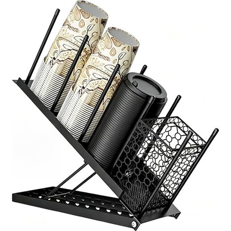 1 - Porte-Gobelet - Rangement Café - 4 Compartiments Réglables avec Panier - Pour Bar et Comptoir - Noir - 39x9,7cm (1/5)