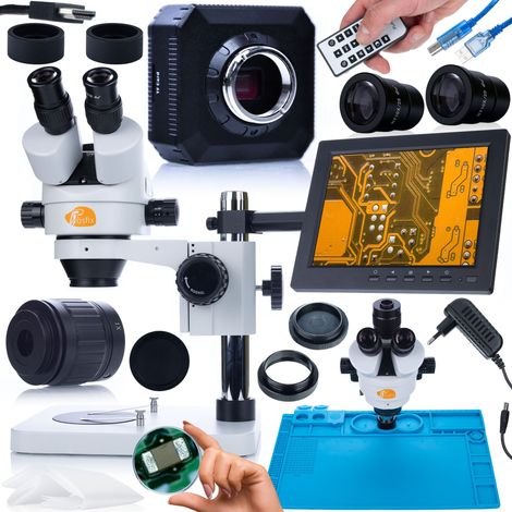 Rosfix Mercury Pro MSMP-T-PS1 Mikroskop-Set + ORION Pro KMOP Kamera (HDMI/USBI) Plantes PRO Serie + Silikonmatte (480 x 320 mm) + Halterung mit 8"-Display