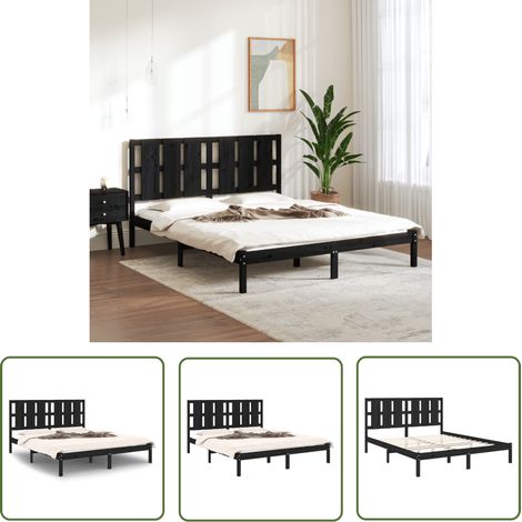 The Living Store Massivholzbett Schwarz 150x200 cm - Holzbett - Doppelbett - Massives Kiefernholz - Bettgestell - Lattenrost (1/5)