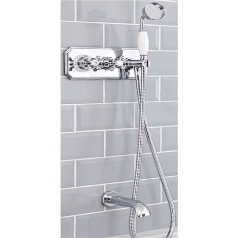 Milano Elizabeth Twin Diverter Thermostatic Mixer Shower Valve with Hand Shower Handset Hose and Wall Mounted Bath Spout - Chrome & White (1/5)