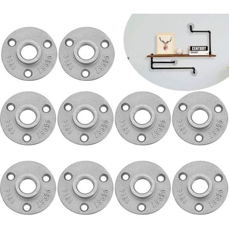 Lot de 10 brides filetées 1/2" - Brides filetées en métal - Avec 3 trous - Pour tuyau, robinet, étagère murale, sol - Meubles tubulaires - Montage mural (1/4)