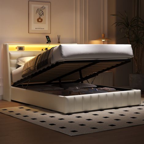 Letto a cassone adulti 160x200 cm con illuminazione LED, porta USB, testiera con cuscini regolabili e rete a doghe, senza materasso, bianco (1/5)