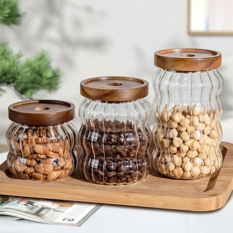 Lot de 3 bocaux de rangement en verre à grains divers avec couvercle en bois d'acacia motif marteau, bocaux scellés pour grains de café, bouteilles de rangement (1/5)