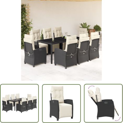 The Living Store 9-tlg. Garten-Essgruppe mit Kissen Schwarz Poly Rattan - Gartentisch - Gartenmöbel - Essgruppe - Outdoor Möbel - Terrassenmöbel (1/5)