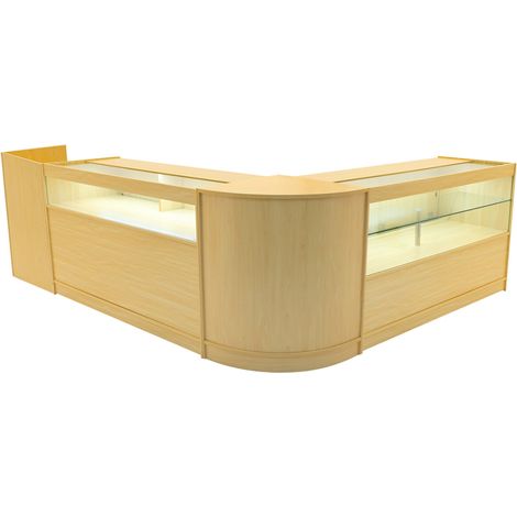 Set Mostradores Comerciales "GRAVITY"   Arce CM60 + B1500 + C1500 + TB60 MDF y vidrio templado  Estantes y puertas corredizas con cerradura  Fácil Montaje  Mostrador Recepción Expositor Comercial Mesa