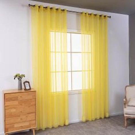 Dos cortinas semitransparentes perforadas, ligeras y transpirables, ideales para decorar dormitorios, salones, etc., de 140 x 230 cm, color amarillo dorado. (1/5)