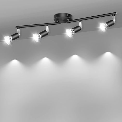1 Plafonnier, 4 spots orientables, métal noir, culot GU10, salon cuisine chambre