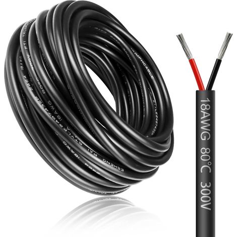 Câble électrique 50 mètres 18 AWG 2x0,75mm² à 2 conducteurs, fil de cuivre étamé flexible, impédance faible, compatible alimentation LED 5V / 12V / 24V, résistance aux hautes températures (1/5)