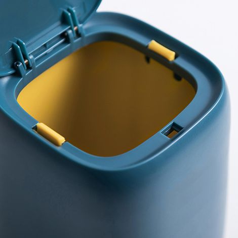 Poubelle de bureau à pression, mini poubelle avec couvercle, bleu foncé, idéale pour coiffeuse ou bureau. (1/5)
