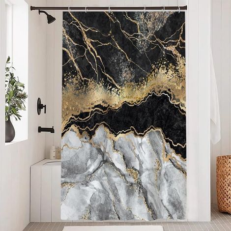 120x180cmRideau Douche Anti Moisissure, Rideau de Douche  Gris Effet Marbre Noir Jaune Abstrait Rideaux de Baignoire Tissu Lavable Imperméable Polyester Rideaux