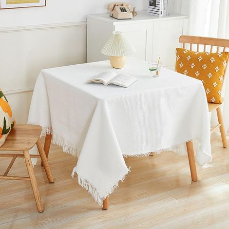 Nappe Carree 90x90cm, Nappe Anti Tache Lin Tricoté Blanc avec Pompons Nappe pour Salle à Manger Lavable (1/5)