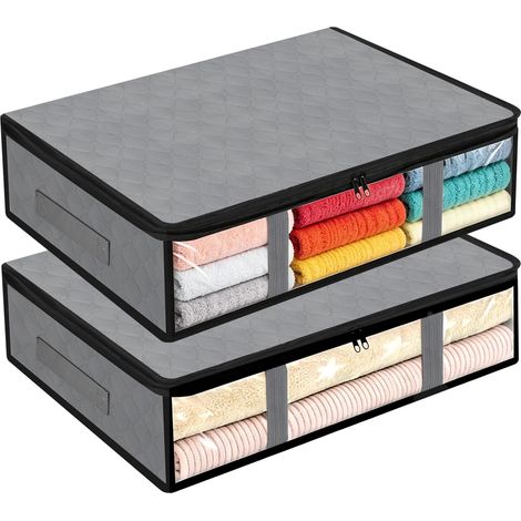 Lot de 2 Sac de Rangement sous Lit, Boite Rangement sous Lit Pliable avec 4 Poignées Renforcées et Fenêtre Transparente Grande Housse Couette pour Vêtements, Draps, Chaussures, Gris, 40 L (1/5)