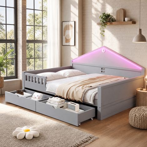 Letto singolo 140 x 200 cm grigio con LED, 2 cassetti e rete a doghe OKWISH (1/5)