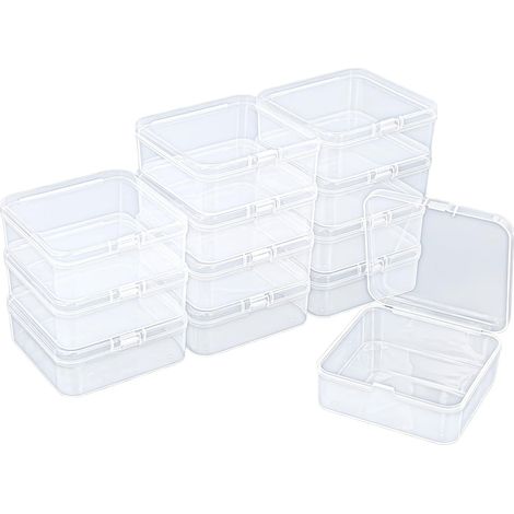 Confezione da 12 mini scatole quadrate vuote in plastica trasparente con coperchi incernierati per piccoli oggetti e altri progetti creativi (85 x 85 x 35 mm) (1/5)
