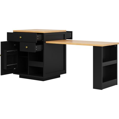 Armoire îlot de cuisine multifonctionnelle avec plateau extensible 122,5–195,5 cm, MDF blanc/noir, charge max 60 kg (1/5)