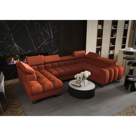 Wohnlandschaft Schlafsofa BASTIEN in Stoff Moly Ziegelrot Ottomane Links