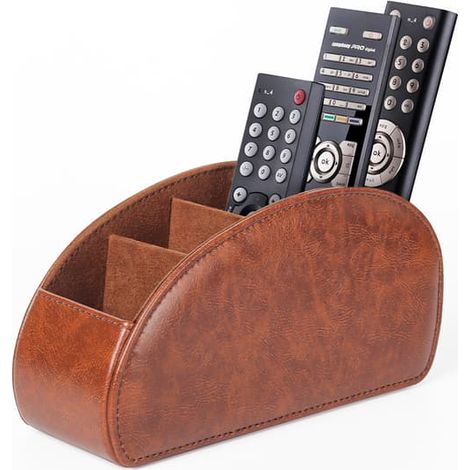 Aufbewahrungsbox für Fernbedienungen mit fünf Fächern, aus PU-Leder, braun. (1/5)