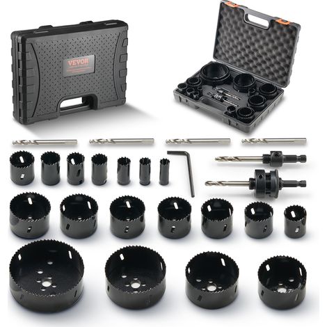 VEVOR Scie Cloche Bi-metal Coffret de Scie Trepan avec 18PCS Lames de Scie 19-114 mm Profondeur de Coupe 38 mm 6 Meches 1 Cle Hexagonale Accessoires pour Perceuse Visseuse Percer Bois Tole Platre PVC