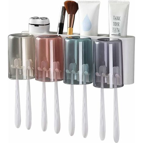Porte Brosse à Dents Mural Electrique, Support de Brosse à Dents Automatique avec Fentes pour Brosse à Dents,Stockage Cosmétique Tiroir, sans Perçage(4 Tasses) (1/5)