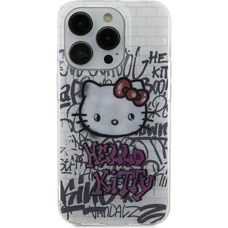 Coque rigide blanche Hello Kitty HKHCP15SHDGPHT pour iPhone 15/14/13 6,1 pouces, motif graffiti Hello Kitty sur briques.