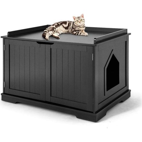 COSTWAY Casita para Gatos y otros Mascotas, Arenero para Gatos, Recinto con Hoyo, Caja para Animales con Estructura de Madera Resistente (Negro)
