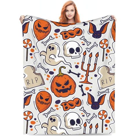 Couverture d'Halloween - Couverture d'Halloween en peluche - Décoration d'Halloween confortable en flanelle grise pour canapé, lit ou salon - 127 x 152 cm - Style 33 (1/2)