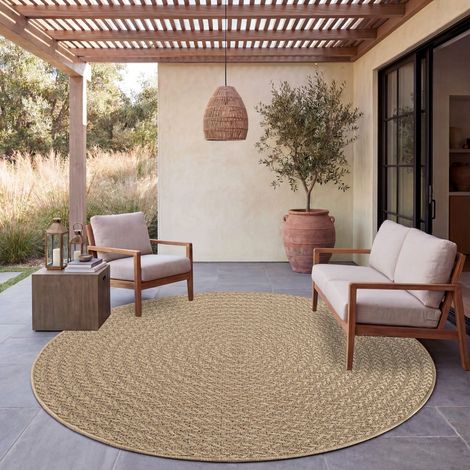 Paco Home Tappeto Da Esterno Impermeabile Balcone Soggiorno Boho Geometrico Sisal Tinta Beige Ø 200 cm tondo (1/5)