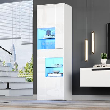 Vitrine (55x38x170 cm), mit 1 Schublade und 4 Schränken, LED-Beleuchtung, Hochglanz, Spanplatte, Weiß (1/5)
