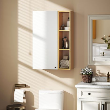 Meuble de salle de bain mural avec étagères réglables et 3 étagères ouvertes, 59,5 x 30 x 90 cm, blanc et bois (1/4)