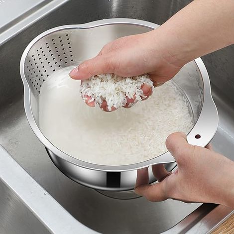 Bol à laver en acier inoxydable 304 - Passoire 4 en 1 pour le riz, les légumes, les fruits et les haricots. (1/5)