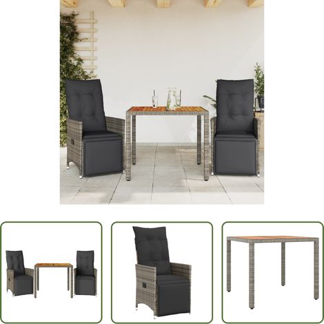vidaXL Relaxsessel - 3-tlg. Garten-Bistro-Set mit Kissen Grau Poly Rattan (1/5)