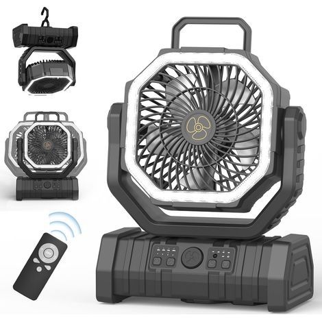 Ventilateur de camping portable avec lumière LED, 4 niveaux 20000 mAh avec télécommande et crochet Ventilateur de table USB silencieux pour pêche, pique-nique, barbecue, randonnée (1/4)