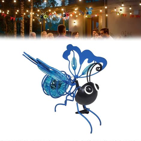 Lanterne solaire suspendue d'extérieur en métal avec abeilles, LED bleues et ressorts pour terrasse, jardin ou allée. (1/5)